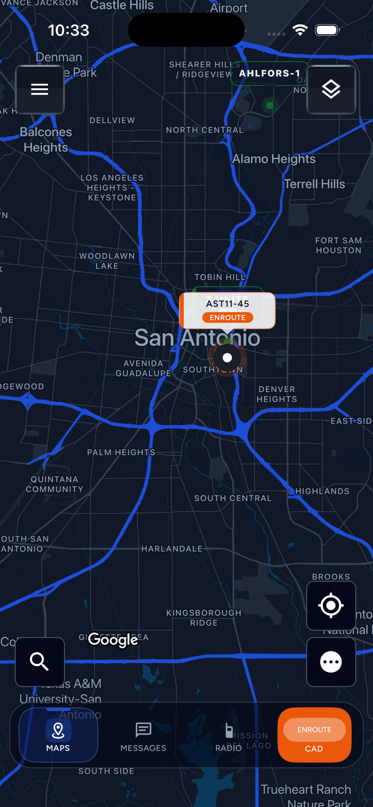 AIGIS mobile map and dispatch screen