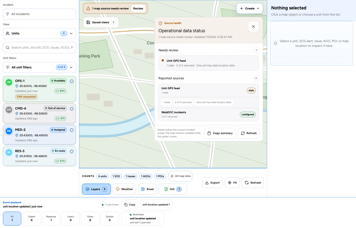 Sanitized AIGIS OPS source-health view identifying stale unit location data while leaving the map available