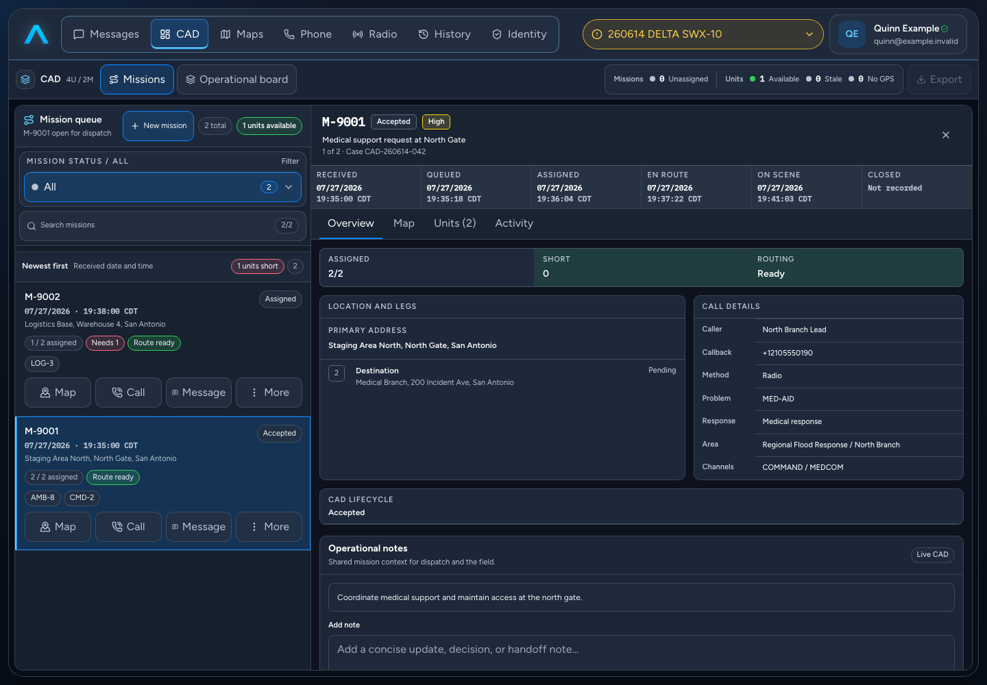 AIGIS OPS Rapid CAD workspace showing a mission queue, selected medical mission, response milestones, assigned units, locations, and call details using simulated data